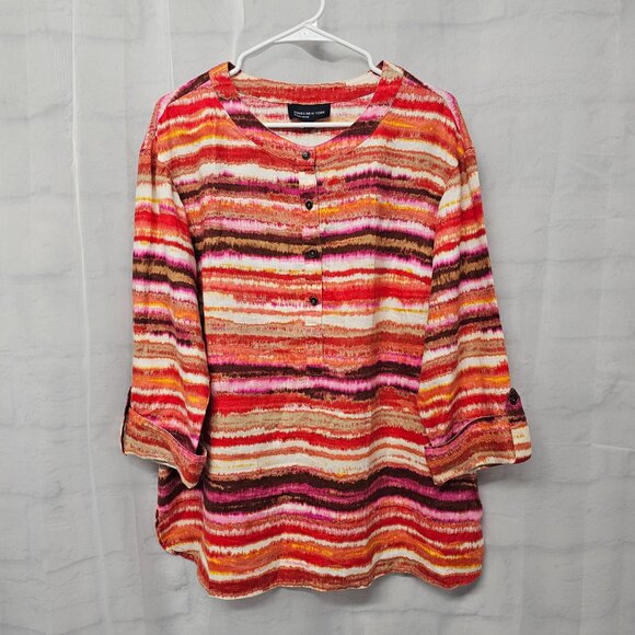 Jones New York Blouse Stripes Linen Pink Festival Summer Beach L - Picture 2 of 10